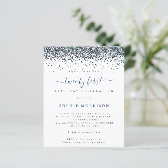 Budget Blue Glitzer 21. Party Einladung (Stehend Vorderseite)