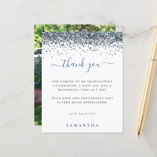 Budget Blue Glitzer Foto Quinceanera Vielen Dank (Vorderseite/Rückseite Beispiel)