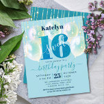 Budget Blue Glitzer Sweet 16 Balloons Einladung<br><div class="desc">"Happy Sweet 16". Versenden Sie diese atemberaubende, einfache, festliche, moderne, personalisierte Party Einladung für eine Veranstaltung, an die Sie sich erinnern können. Fett, grafisch, tief aquamarine blaue Typografie und handgeschriebene Skripte überlagern einen aquamarin blauen Glitzer "16", aqua-grüne blaue Ballons und goldene funkelnd Streichellichter auf einem sanften, aqua-blauen Hintergrund. Personalisieren Sie...</div>