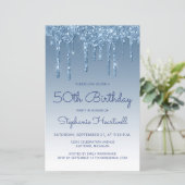 Budget Blue Glitzer Tropfen 50. Geburtstag Einladu (Stehend Vorderseite)