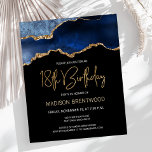 Budget Blue Gold Agate 18. Geburtstag Einladung<br><div class="desc">Die trendige Einladung zum 18. Geburtstag zeigt ein Aquarellbild eines Agios-Geodes in Blautönen mit goldenen Imitaten. Die Worte "18. Geburtstag" erscheinen in Imitaten goldener Glitzer in dekorativen modernen Handschrift Schriftart. Passen Sie den Namen der Ehre in goldfarbenem Text an und die Details in Weiß. Das gleiche blaue Apache-Bild wird auf...</div>