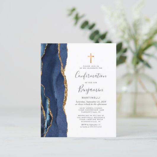 Budget Blue Gold Agate Bestätigung Einladung (Stehend Vorderseite)