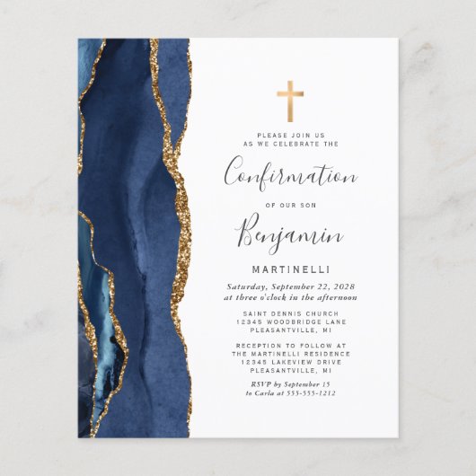 Budget Blue Gold Agate Bestätigung Einladung (Vorderseite)