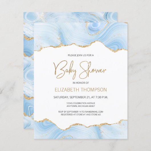 Budget Blue Gold Agate Boy Baby Dusche Einladung (Vorne/Hinten)