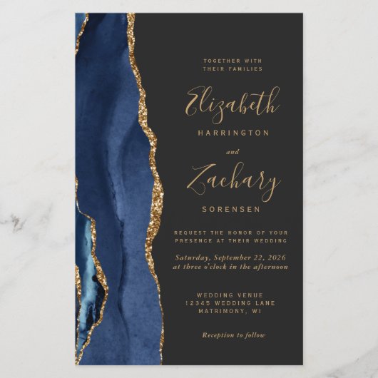 Budget Blue Gold Agate Dark Wedding Einladung (Vorderseite)