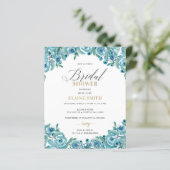 Budget Blue Gold Floral Bridal Dusche Einladung (Stehend Vorderseite)