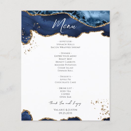 Budget Blue Gold Glitzer Marble Wedding Menu Flyer (Vorne)