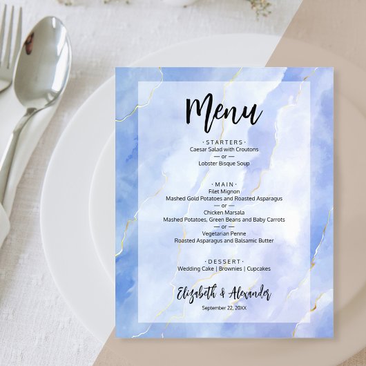 Budget Blue Gold Marble Wedding Menü