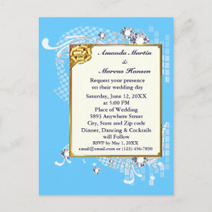 Budget Blue & Gold Rahmen & Diamanten Image Weddin Postkarte