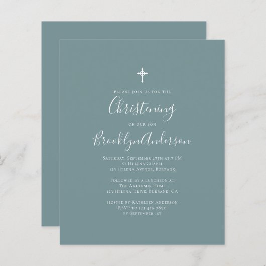 Budget Blue Green Christening Einladung (Vorne/Hinten)