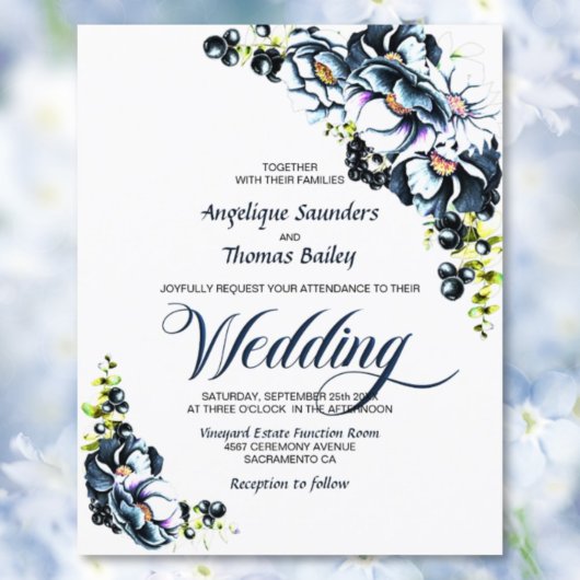 Budget Blue Grey Floral Wedding Einladung