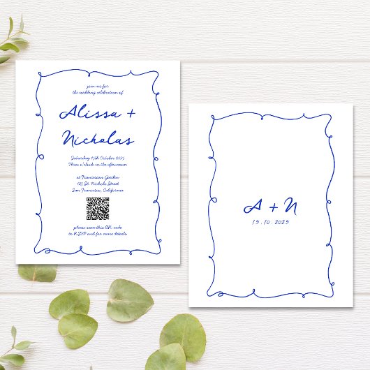 Budget Blue Hand Drawn Monogram QR Code Wedding