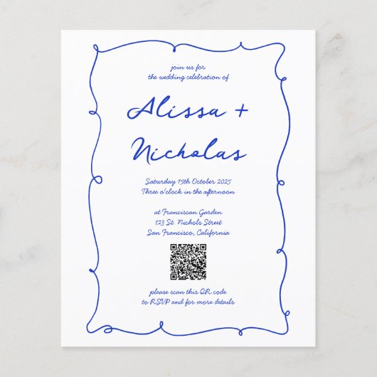 Budget Blue Hand Drawn Monogram QR Code Wedding (Vorderseite)