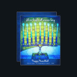 Budget Blue Hanukkah Menorah Shine Bright Card<br><div class="desc">"Shine hell die ganze Saison lang." Weiße Kalligraphie-Schrift und eine künstlerische, nahe Foto-Illustration einer hellen, farbenfrohen, blauen Menorah helfen Ihnen, den Urlaub von Hanukkah zu beginnen. Genießen Sie die Wärme und Freude der Urlaubssaison, wenn Sie diese atemberaubende, farbenfrohe Hanukkah Budget Grußkarte schicken. Passende Umschläge, Aufkleber, Totbeutel, Packpapier, Serviertablette und andere...</div>