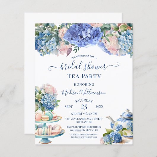 Budget Blue Hydrangea Brautparty Tea QR Code (Vorne/Hinten)