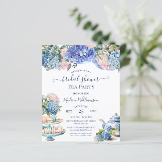 Budget Blue Hydrangea Brautparty Tea QR Code (Stehend Vorderseite)