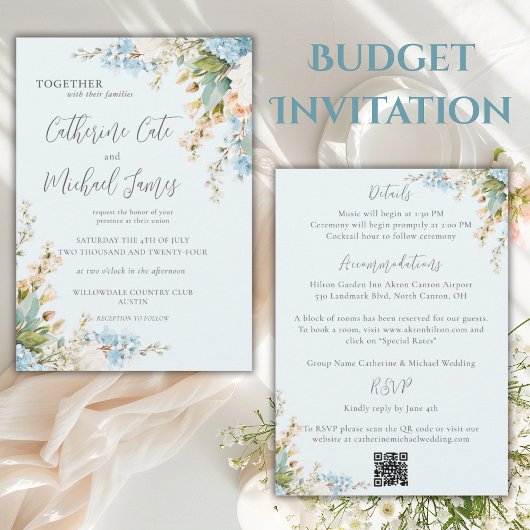 Budget Blue Hydrangea Floral Elegant Wedding Einladung