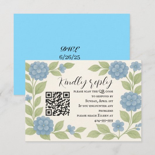 Budget Blue Hydrangea QR Code RSVP Karte (Vorne/Hinten)