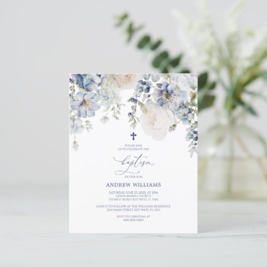 BUDGET Blue Hydrangea & Rose Taufe Einladung (Stehend Vorderseite)