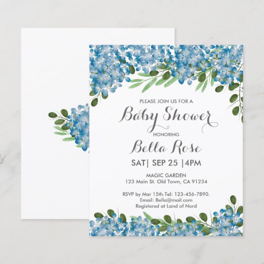 Budget Blue Hydrangeas Baby Dusche Einladung (Vorne/Hinten)