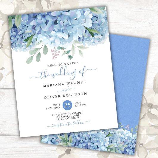 Budget Blue Hydrangeas Floral Wedding Einladung