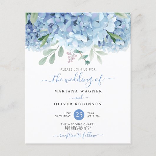 Budget Blue Hydrangeas Floral Wedding Einladung (Vorderseite)