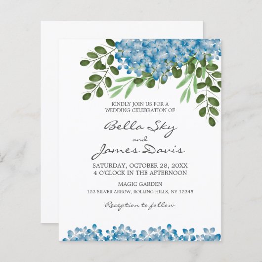 Budget Blue Hydrangeas Hochzeitseinladung (Vorne/Hinten)