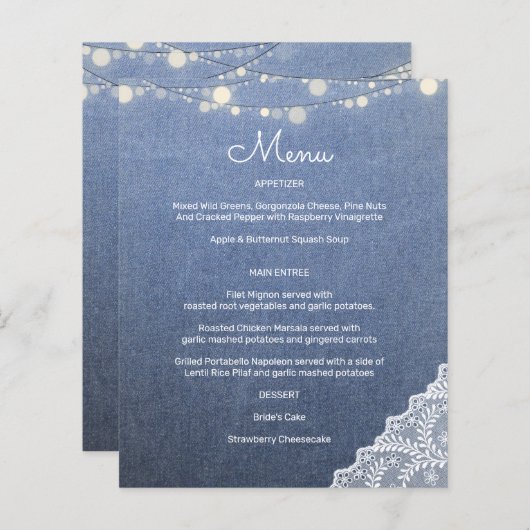 Budget Blue Jeans, String Lights & Lace Menu (Vorne/Hinten)