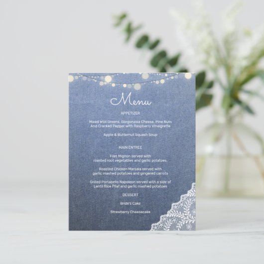 Budget Blue Jeans, String Lights & Lace Menu (Stehend Vorderseite)