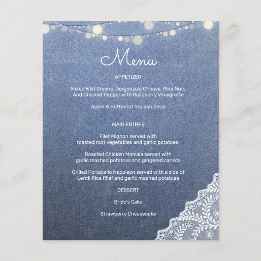 Budget Blue Jeans, String Lights & Lace Menu (Vorderseite)