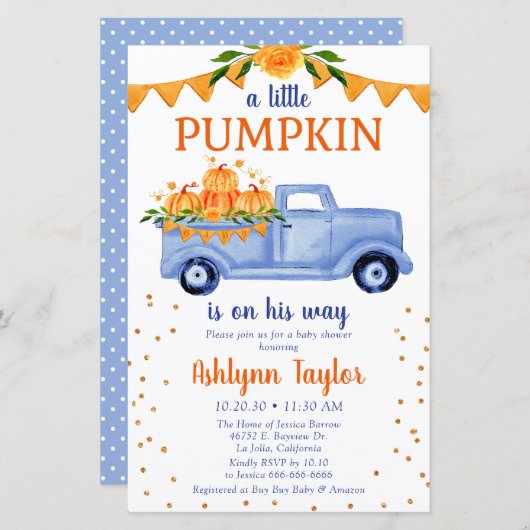 Budget Blue Little Pumpkin Baby Dusche Einladung (Vorne/Hinten)