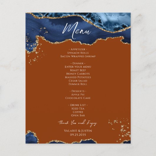 Budget Blue Orange Agate Wedding Menu Flyer (Vorne)