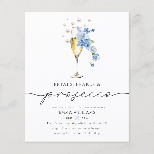 BUDGET Blue Petals Pearls & Prosecco Brautparty Flyer (Vorne)