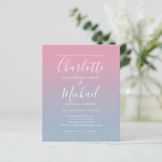 Budget Blue Pink Ombre Foto Hochzeit Einladung (Stehend Vorderseite)
