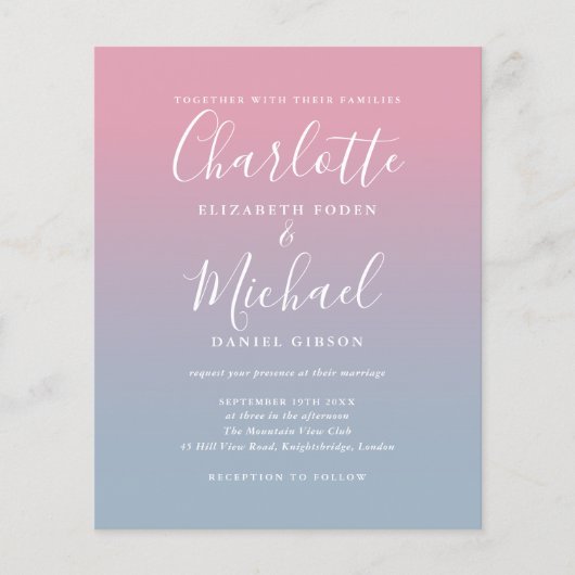 Budget Blue Pink Ombre Foto Hochzeit Einladung (Vorderseite)