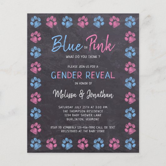 Budget Blue Pink Paw Prints Gender Reveve Einladun (Vorderseite)