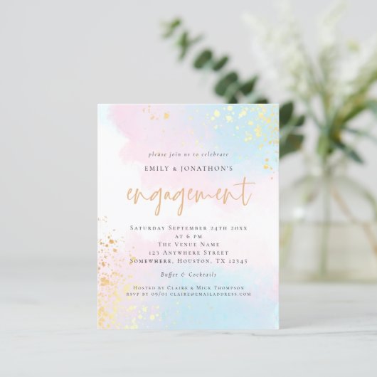 Budget Blue Pink Watercolor Script-Verlobung (Stehend Vorderseite)