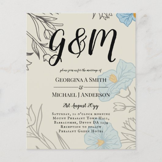 BUDGET Blue Poppy Magnolia Hochzeit Einladung (Vorderseite)