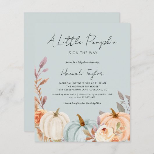Budget Blue Pumpkin Fall Baby Dusche Einladung (Vorne/Hinten)