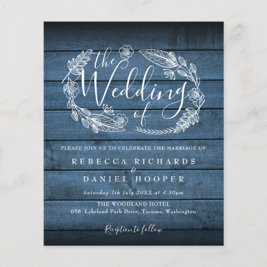 Budget Blue Rustic Holz Foliage Hochzeit Einladung (Vorderseite)