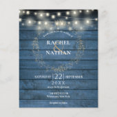 Budget Blue Rustic String Lights Wedite Einladung (Vorderseite)