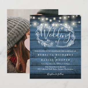 Budget Blue Rustic Wood Foto Hochzeit Einladung