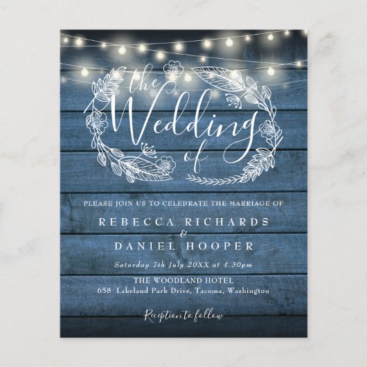 Budget Blue Rustic Wood String Light Wedding (Vorderseite)