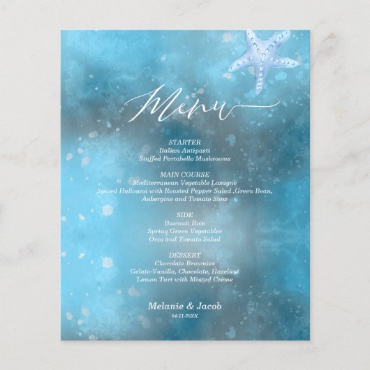 Budget Blue Sea Summer Wedding Flat Menu Card (Vorderseite)