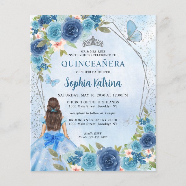 Budget Blue Silver Blumenprinzessin Quinceañera (Vorderseite)