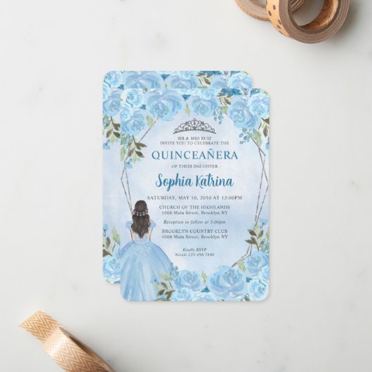 Budget Blue Silver Blumenprinzessin Quinceañera Mitteilungskarte (Vorderseite/Rückseite Beispiel)