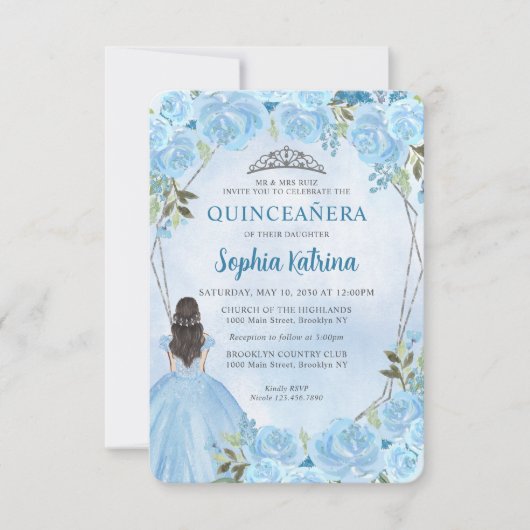 Budget Blue Silver Blumenprinzessin Quinceañera Mitteilungskarte (Vorderseite)