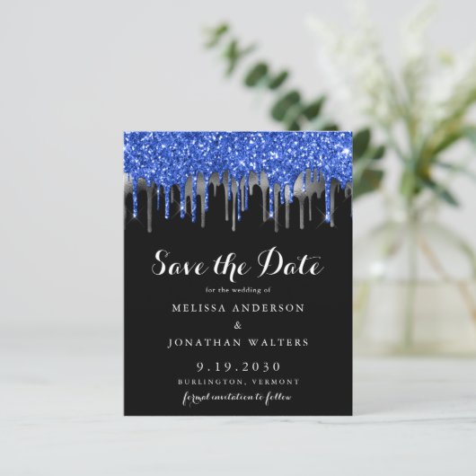 Budget Blue Silver Glitzer Tropfen Save the Date (Stehend Vorderseite)