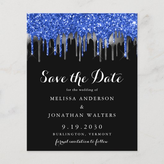Budget Blue Silver Glitzer Tropfen Save the Date (Vorderseite)