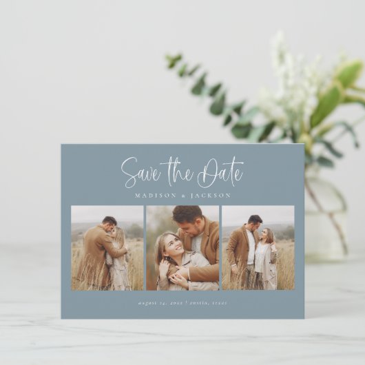 Budget Blue Simple Calligraphy Script Vier Foto Save The Date (Stehend Vorderseite)